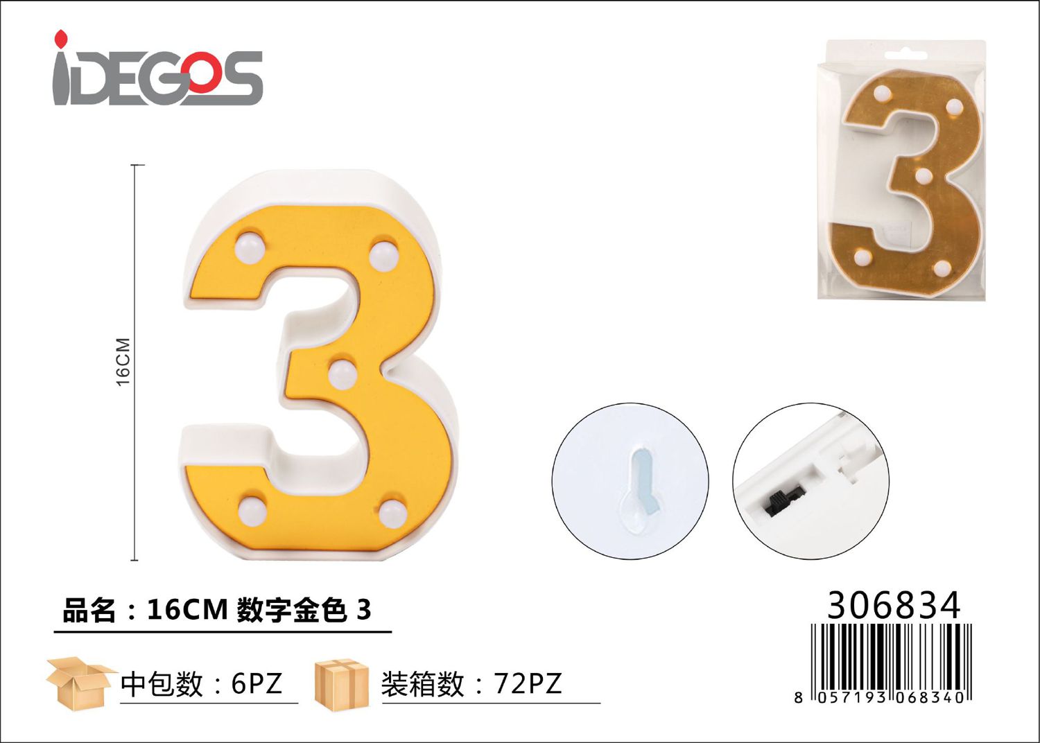 NUMERO DI LUCE LED 3 ORO 16CM