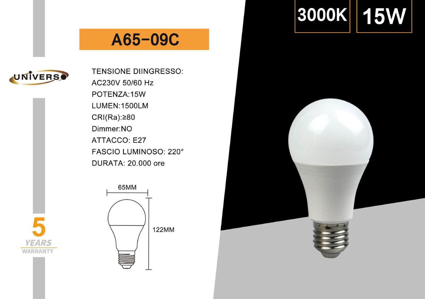 LAMPADINA LED/A65T/E27/15W/3000K/30D