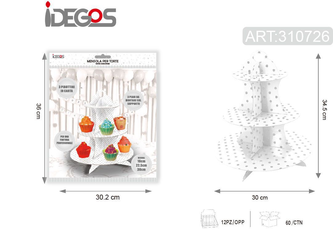 SUPPORTO PER DOLCI A TRE PIANI BIANCO E PUNTINI ARGENTO