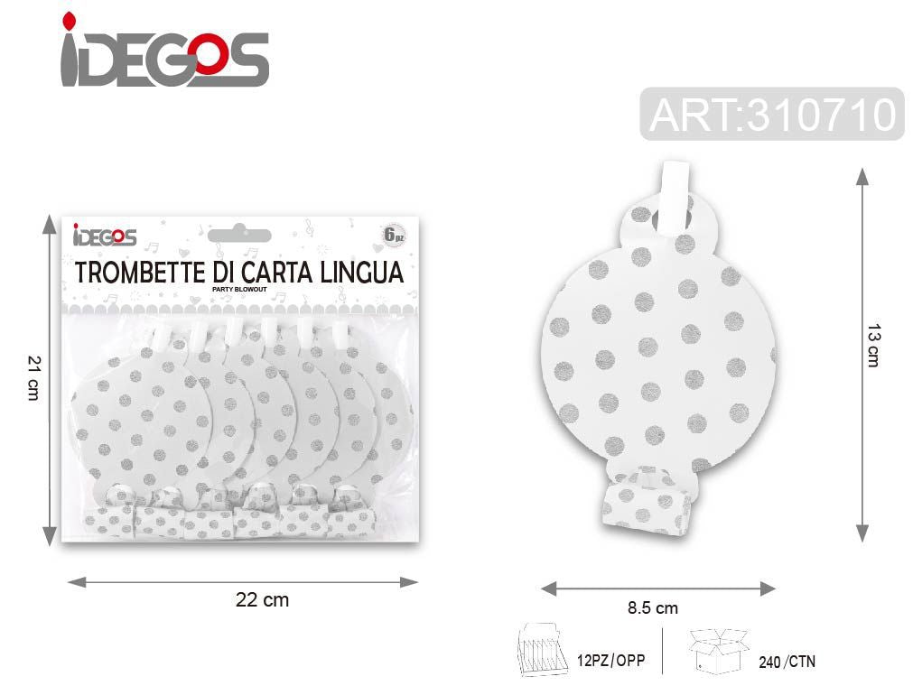 ACCESSORI FESTA TROMBETTA CARTA LINGUA LUNGO CARTA CON PUNTINI ARGENTO 6PZ