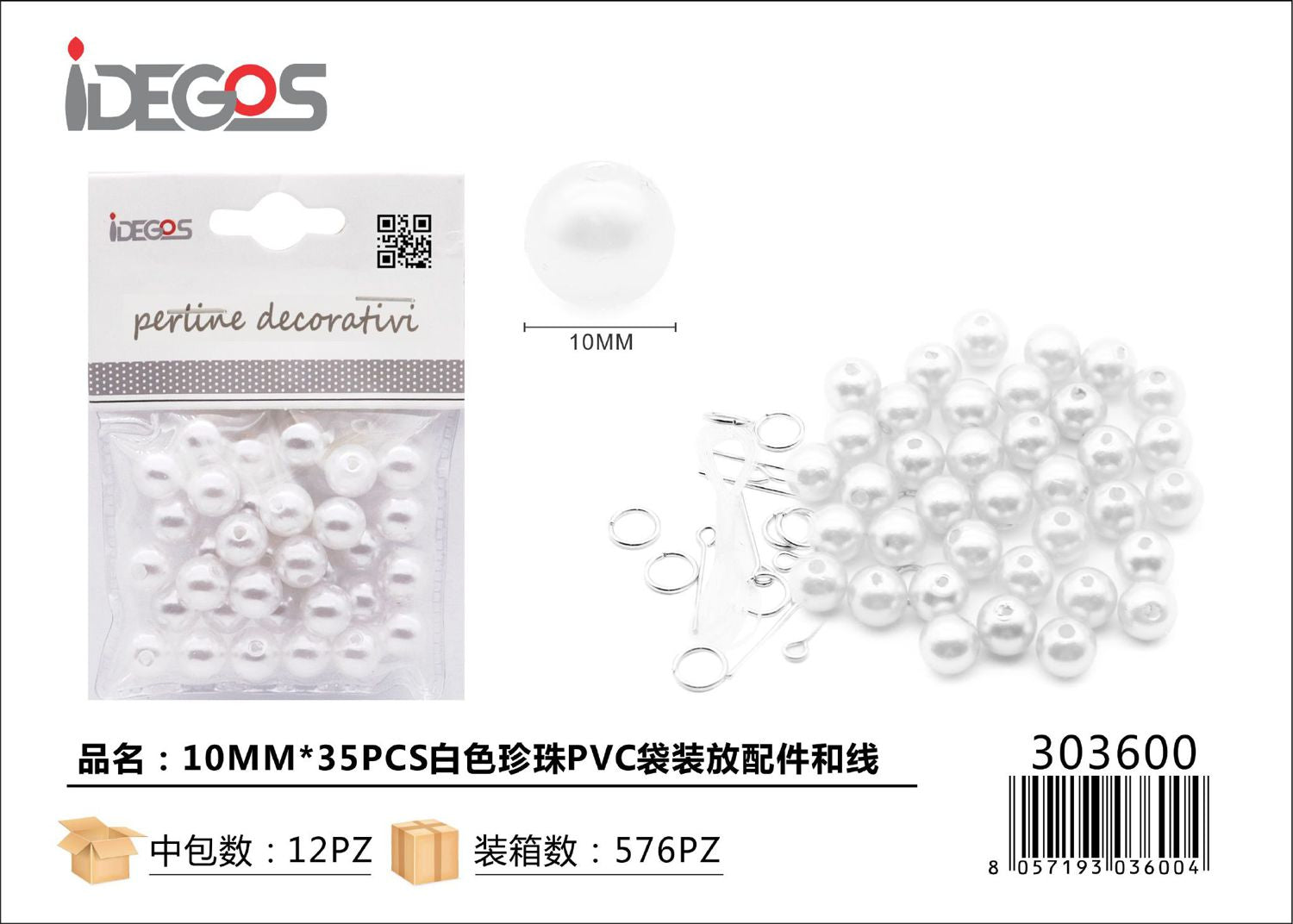 PERLE BIANCO BUSTE PVC CON FILI 10MM*35PZ