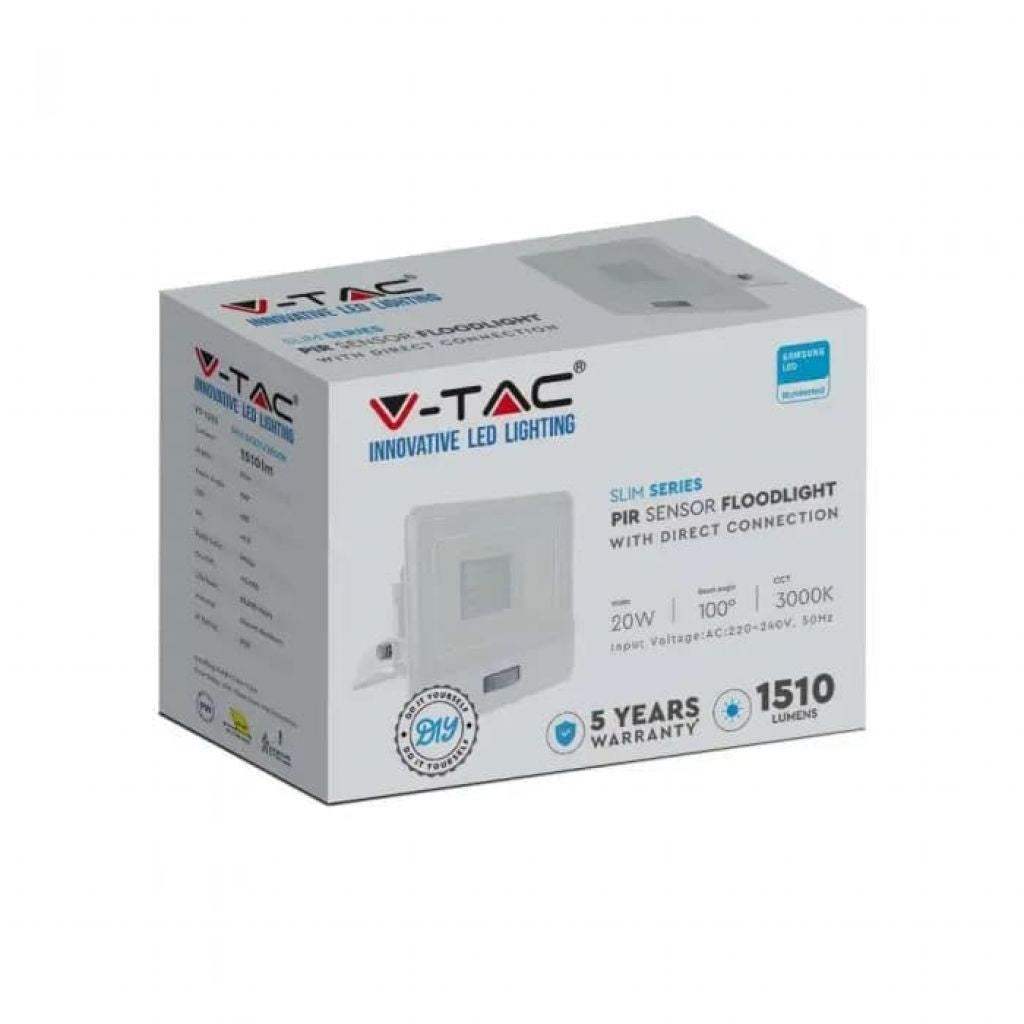 V-TAC PRO Faro LED Chip Samsung 20W con Sensore PIR Colore Bianco 4000K IP65