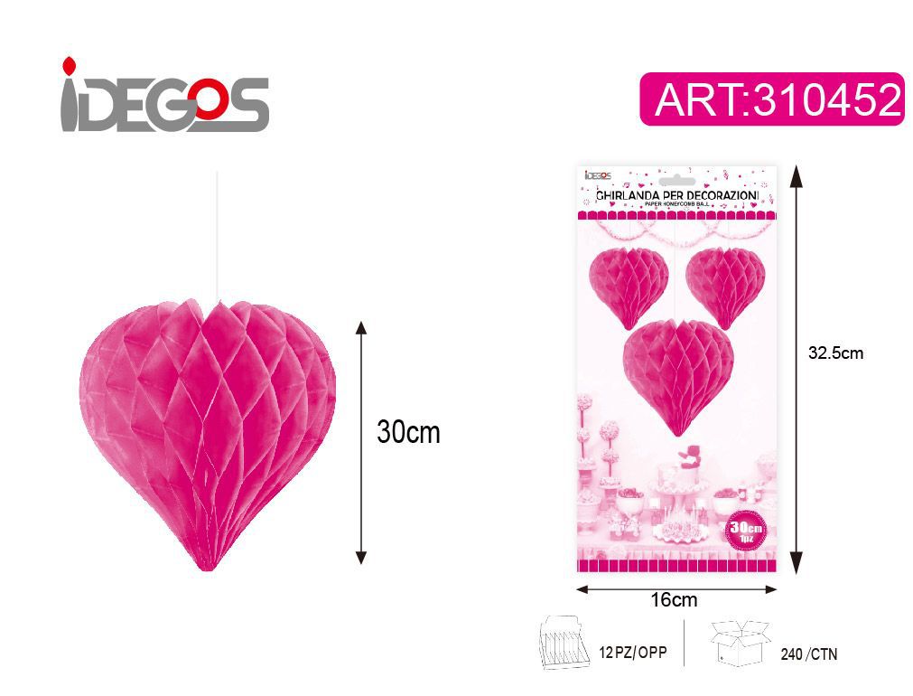 ACCESSORI FESTA SFERA DI CARTA CUORE MAGENTA 30CM 30G SOTTILE