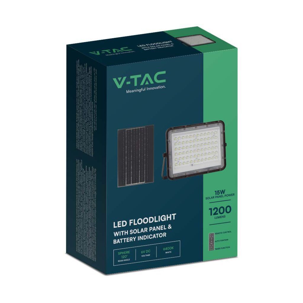 V-TAC Faro LED con Telecomando e Pannello Solare 15W Batteria sostituibile Cavo da 3m Colore Nero 6400K