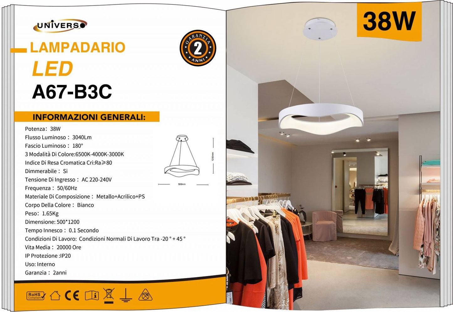 LAMPADARIO DA SOFFITTO/38W/3000K-6500K