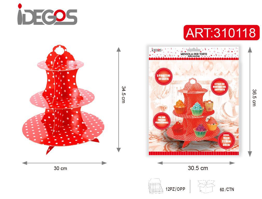 SUPPORTO PER DOLCI CON PUNTINI A TRE PIANI ROSSO