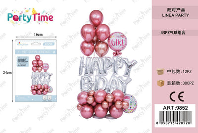 *set di palloncino 'baby girl happy b.day'  rosa