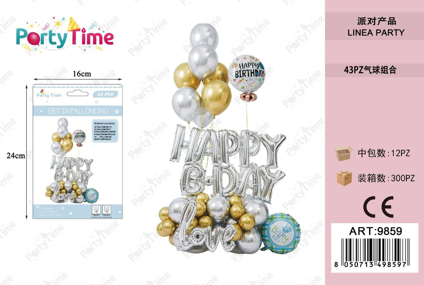 *set di palloncini 'happy b.day love' oro e argento