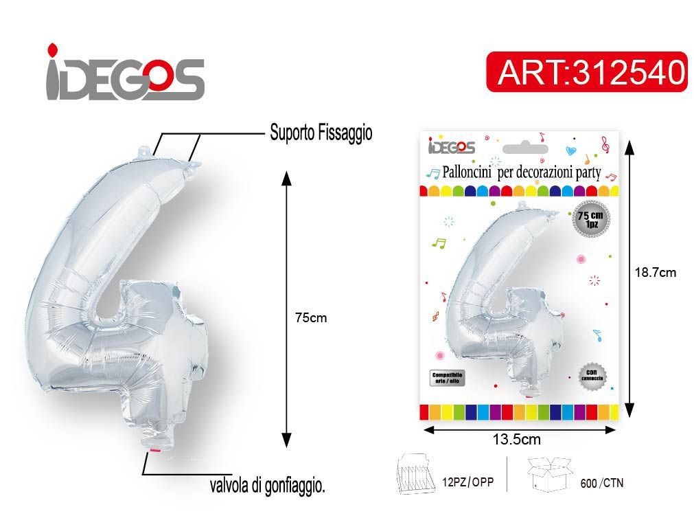 PALLONCINO IN ALLUMINIO 75CM NUMERO ARGENTO 4