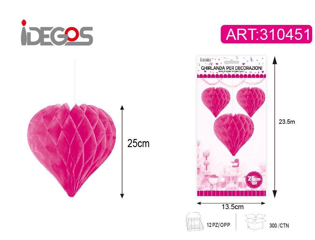 ACCESSORI FESTA SFERA DI CARTA CUORE MAGENTA 25CM 30G SOTTILE