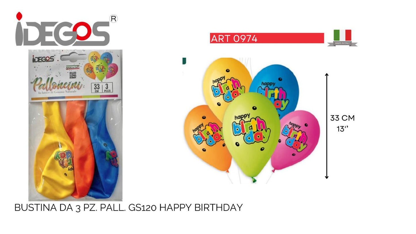 BUSTE PALLONCINI GOMMA GS120 HAPPY BIRTHDAY ASS 3PZ