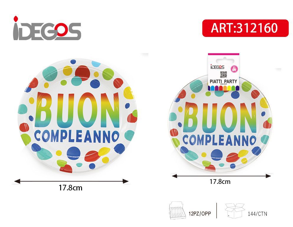 PIATTO DI CARTA 7P BUON COMPLEANNO COLORATI 8PZ