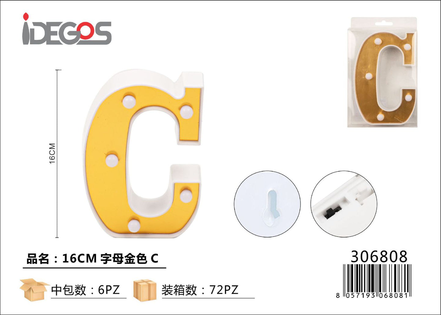 LETTERE CON LUCI LED C 16CM ORO