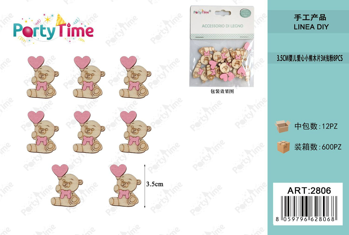 *DECORAZIONE FAI DA TE CUORE ORSO ROSA 3.5CM 8PZ