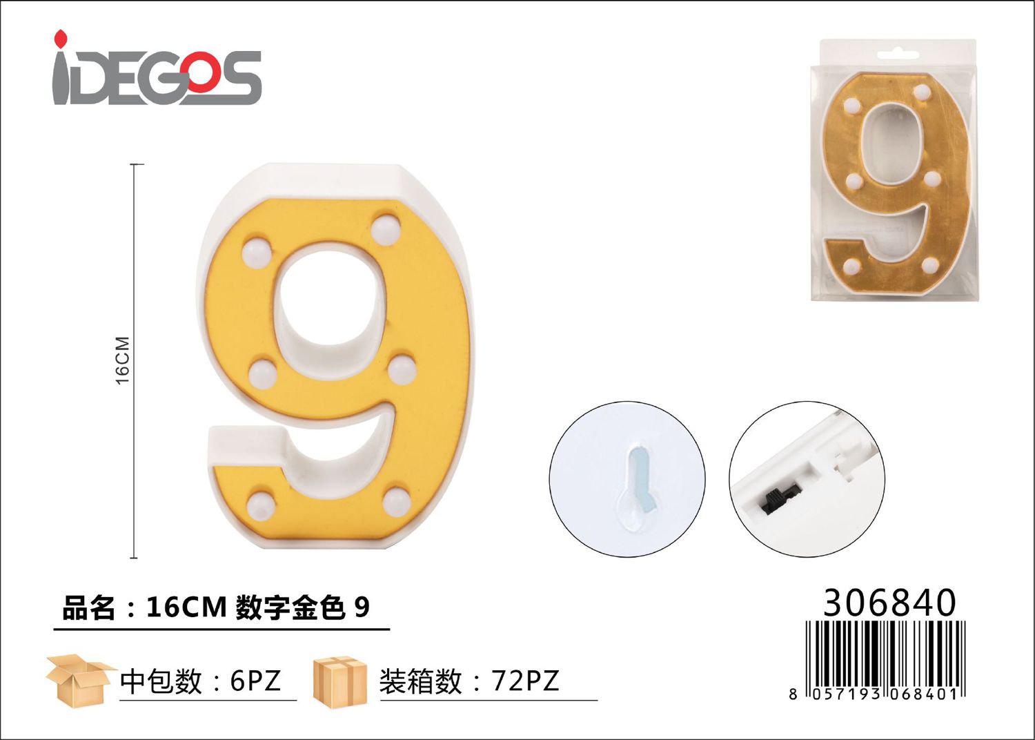 NUMERO DI LUCE LED 9 ORO 16CM